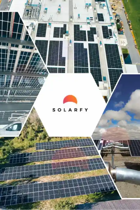 collage de imagenes de carport, paneles solares en techo y en groundmount con el logo de solarfy en el centro todos tarifa gdmth